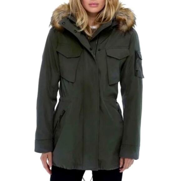 S13 Sz Medium M  Olive Green Faux Fur Hood Lined Utility Jacket Jacket Parka - Picture 1 of 6